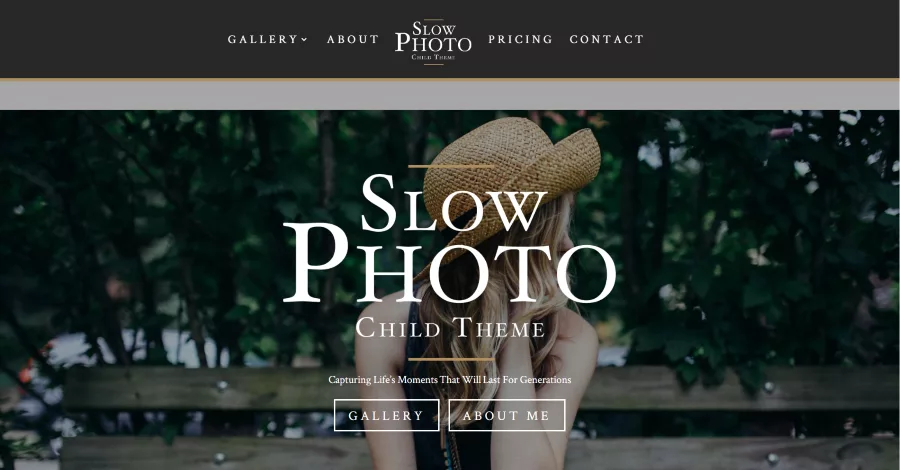 Divi theme SlowPhoto home page featuring full-screen image with call-to-action buttons for gallery and contact pages. Gallery page showcases multi-column layout with parallax full-screen image, descriptions, and testimonials.