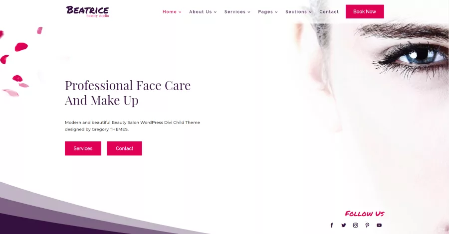 Beatrice beauty salon child theme featuring 20 pages, including home and service layouts, a booking CTA, and 54 styled sections with hover effects.