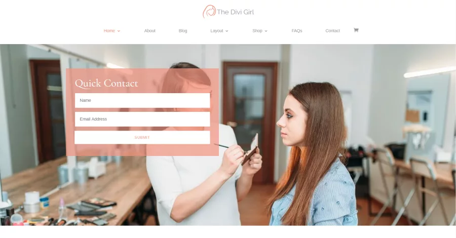 Divi Girl theme for feminine bloggers featuring a makeup artist home page with call-to-action buttons, service images with links, specialties, pricing tables, blog section, testimonials, team members, and a custom footer.