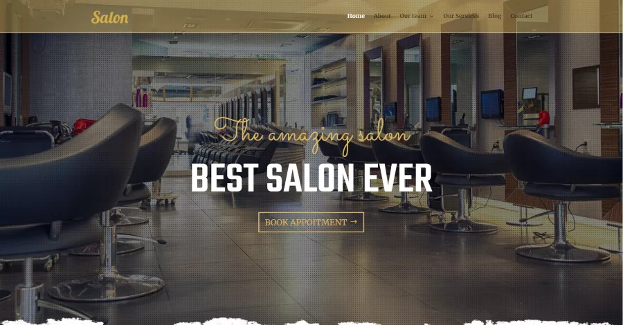 Divi Salon homepage features a booking call-to-action in the hero section along with styled blurbs, a gallery, number counters, a testimonial slider, a blog, a map, and a contact form.