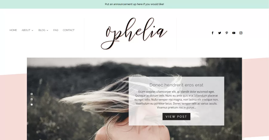 Ophelia feminine blog design for fashion and beauty bloggers featuring 6 customizable page layouts, including multiple blog layouts, a styled post slider, styled images for main pages, a blog feed, an embedded Instagram feed, and an editable logo PSD file.