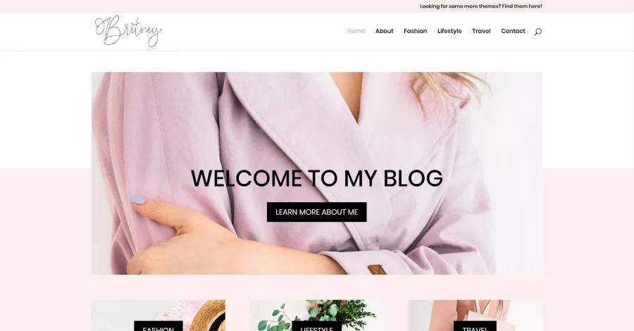 The Britney theme for fashion blogs features a home page with a CTA, category images, and a single-column blog layout, along with category pages that mirror this design but without the CTA.