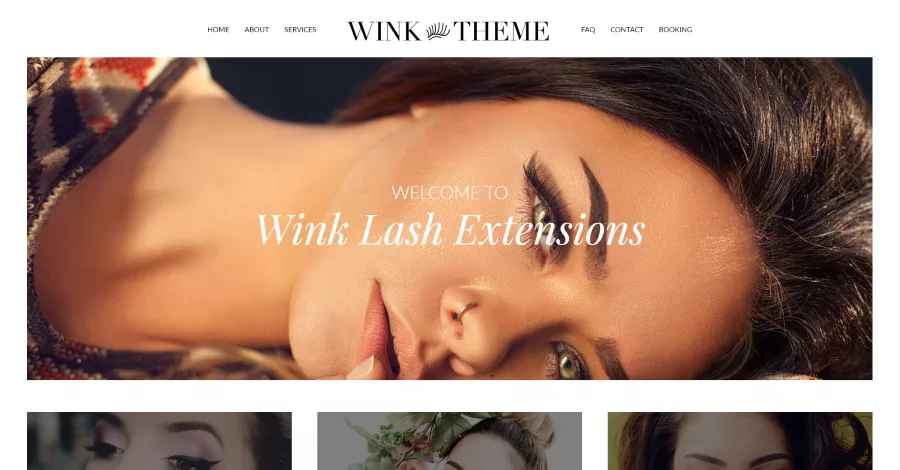 Home page featuring a true parallax background with a welcome message, service links, a testimonial section, a slim opt-in form, and a custom footer. Services page includes a gallery with detailed descriptions and images for each service, while the Booking page offers an embedded feature for selecting date, time, and services.