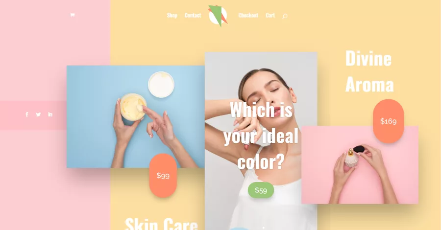 Shine theme for online beauty shops featuring a multi-column layout on the homepage, showcasing products, product sliders, and shop modules. Includes a blog section with hover-animated featured images, testimonials, a contact form, and a custom footer.
