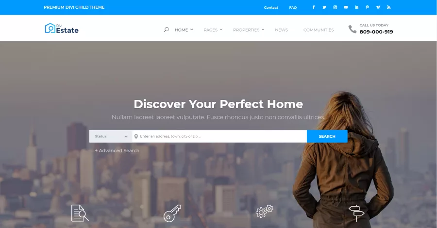 Divi Estate homepage for real estate agencies, displaying various layouts, agent profiles, property listings, and integrated management features.
