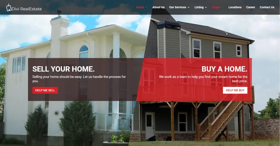 Divi RealEstate theme showcasing its features for real estate businesses, including various property listing pages for buying, selling, and property management.
