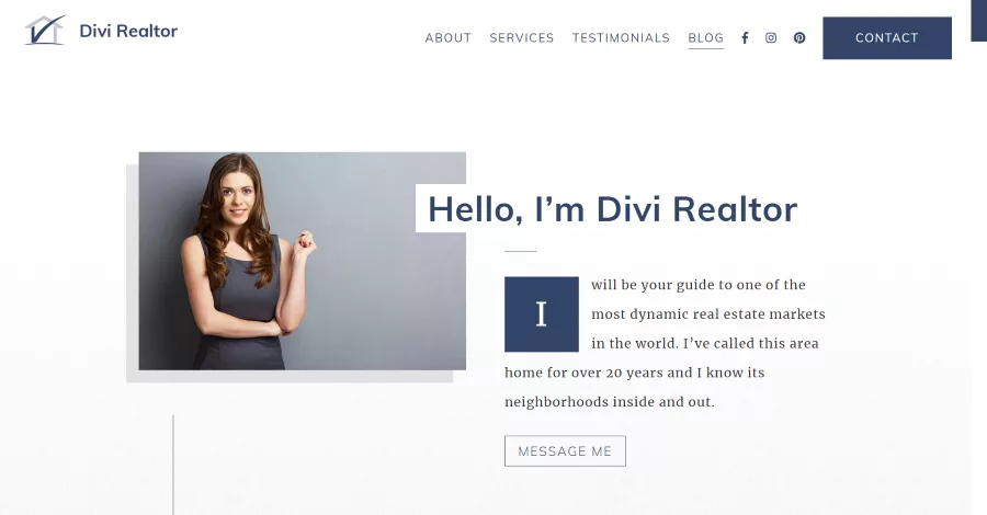 Divi Realtor layout featuring a landing page with animated modules, a CTA in the menu, and clickable call buttons. Includes a styled blog page, post layout, and a right-side control bar tailored for real estate agents.