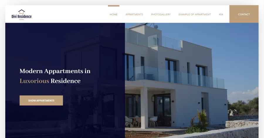 Divi Residence homepage featuring a modern layout for rental properties, including styled cards for available apartments, individual pages showcasing apartment features with icons, and a photo gallery with a grid layout and a map at the bottom.