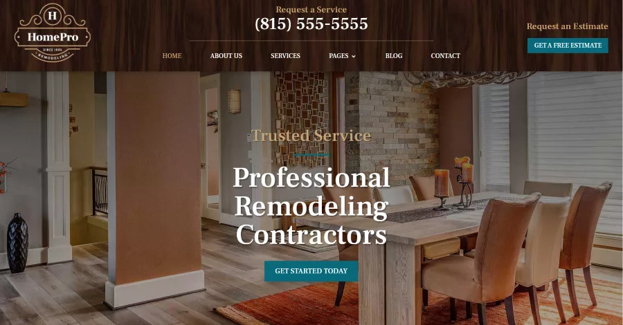 HomePro theme for remodeling and construction companies, featuring 18 pages, service and project galleries, a request estimate button, and individual service pages.