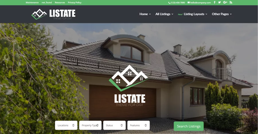 Screenshot of Listate theme showcasing real estate listings integration, featuring multiple home page layouts, a landing page, custom search filters, and utility pages for optimal property display.