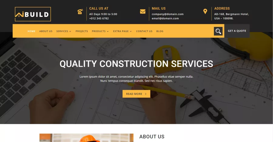 iBuild theme designed for real estate, architecture, and construction sectors, featuring service, project, product, and team pages. Includes a styled menu with a call-to-action for quotes, and various custom modules and icons.