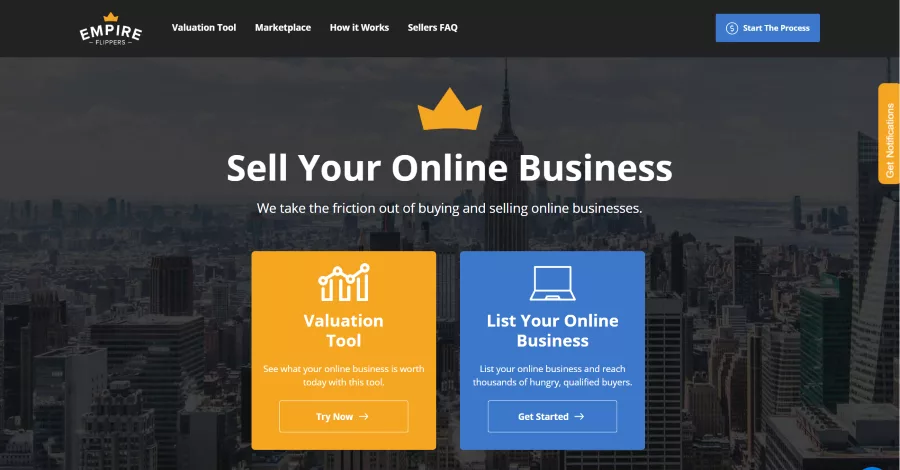 The Empire Flippers homepage, showing its valuation tool and marketplace for selling online businesses
