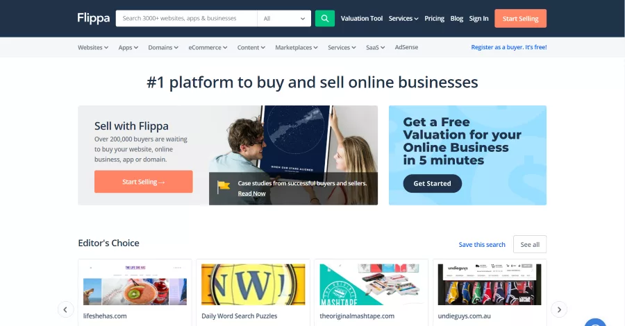 The Flippa homepage, a marketplace for buying and selling websites and online businesses
