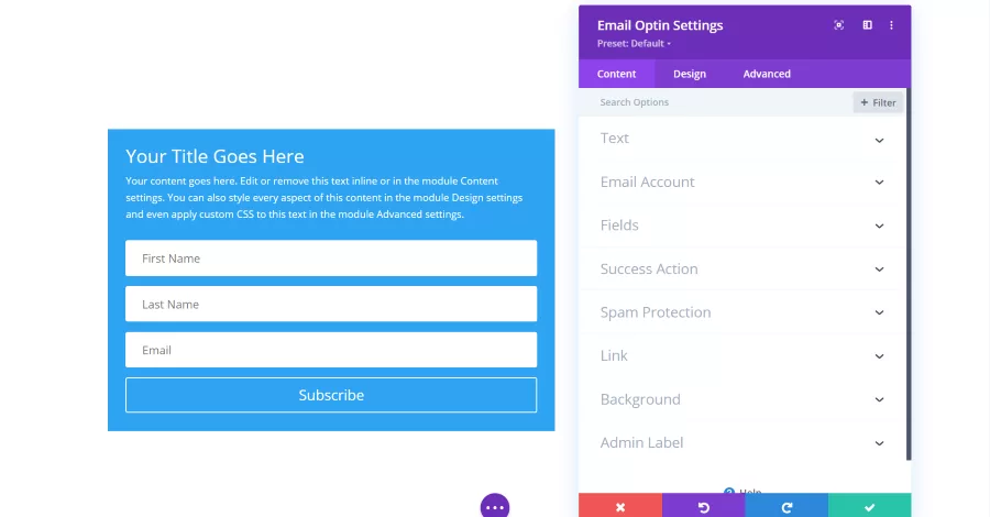Email Optin Module Content Settings