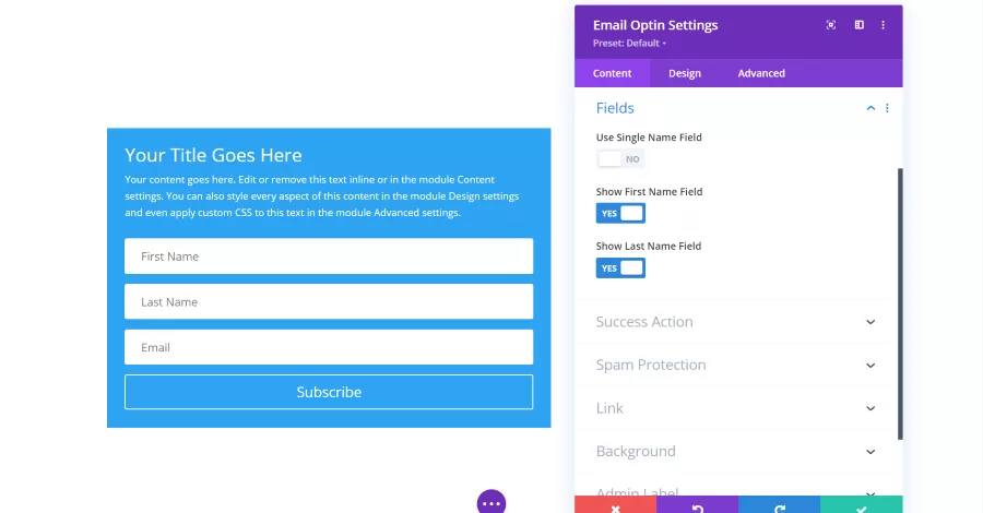 Email Optin Module Fields Settings