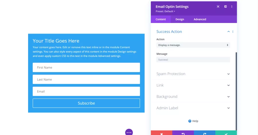 Email Optin Module Success Action Settings