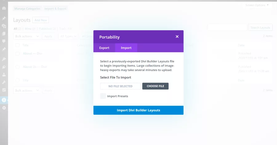 Import Layouts to the Divi Library