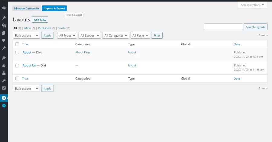 Import Layouts to the Divi Library