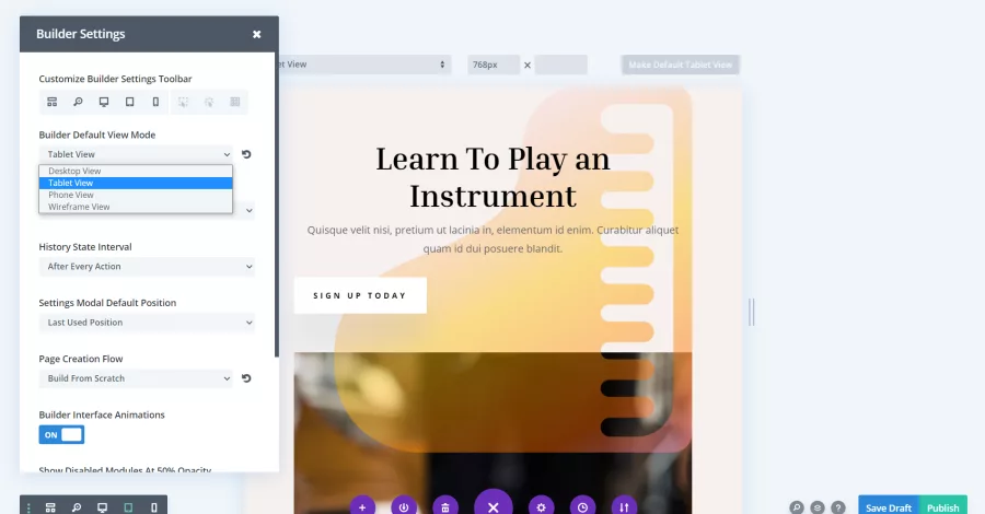 Set the default view mode for the Divi Builder to customize your preferred starting perspective, streamlining the website creation process according to your workflow and design preferences.