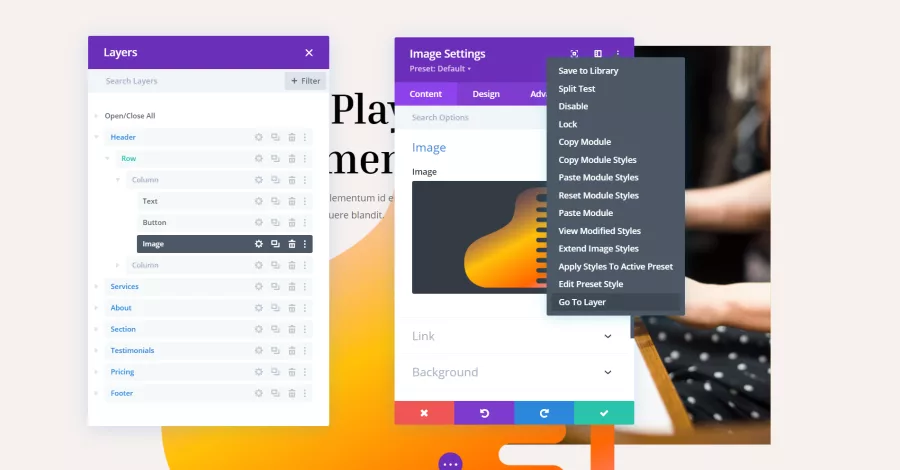 Navigate directly to a specific layer within the Divi Builder for streamlined editing and management of complex layouts and designs.