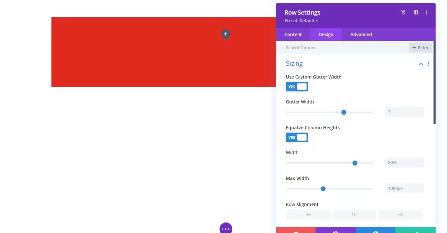 Row Settings Sizing