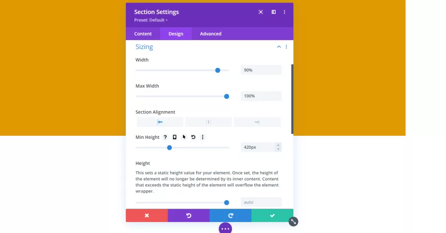 Section Settings Sizing