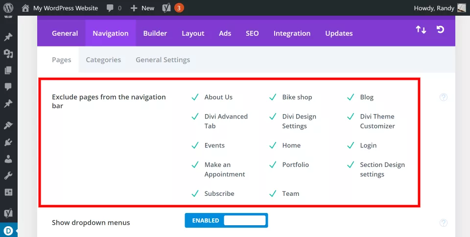 Exclude pages from the navigation bar