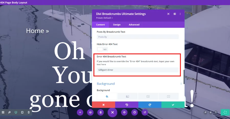 Error 404 divi Breadcrumb Text