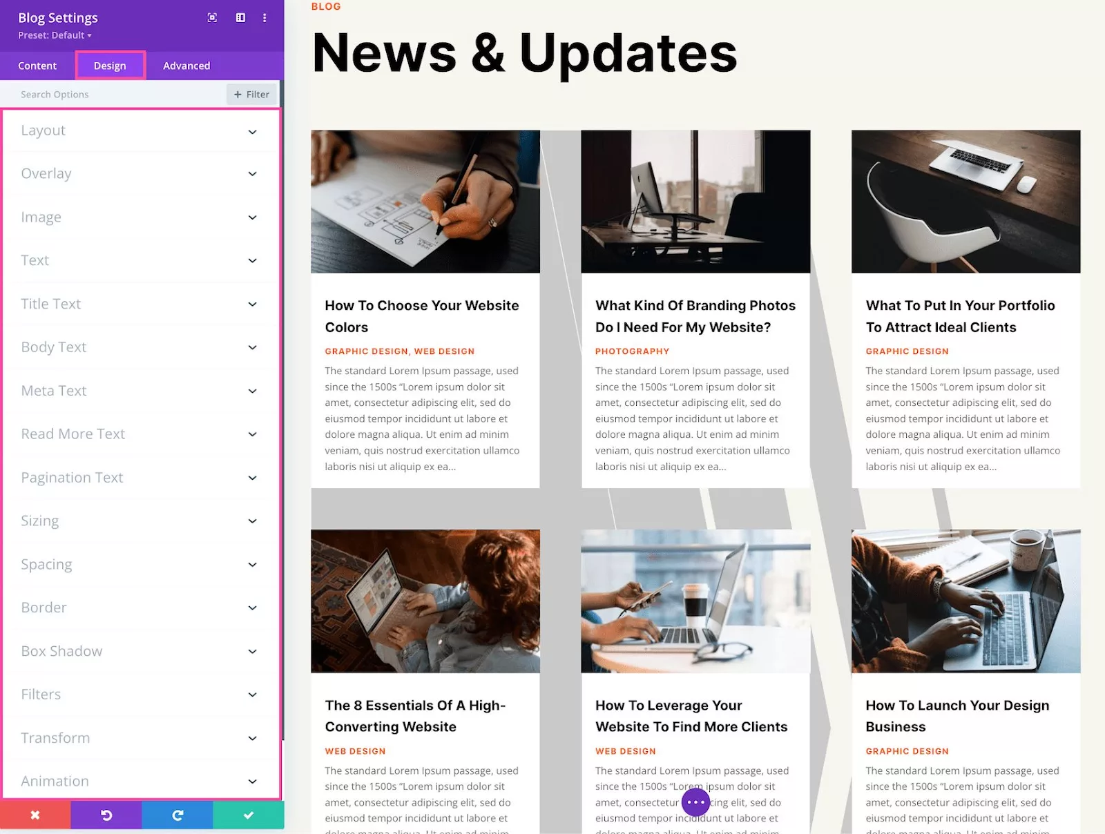 Configure Divi for your blog by using various in-built features.