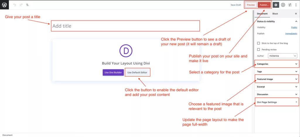 Step-by-step guide on how to create a blog post using Divi.