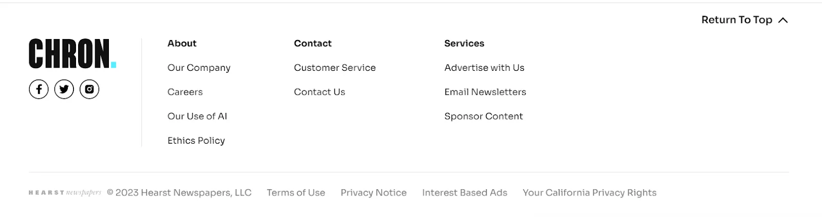 A monochrome footer with links to essential pages including services, contact, and company information