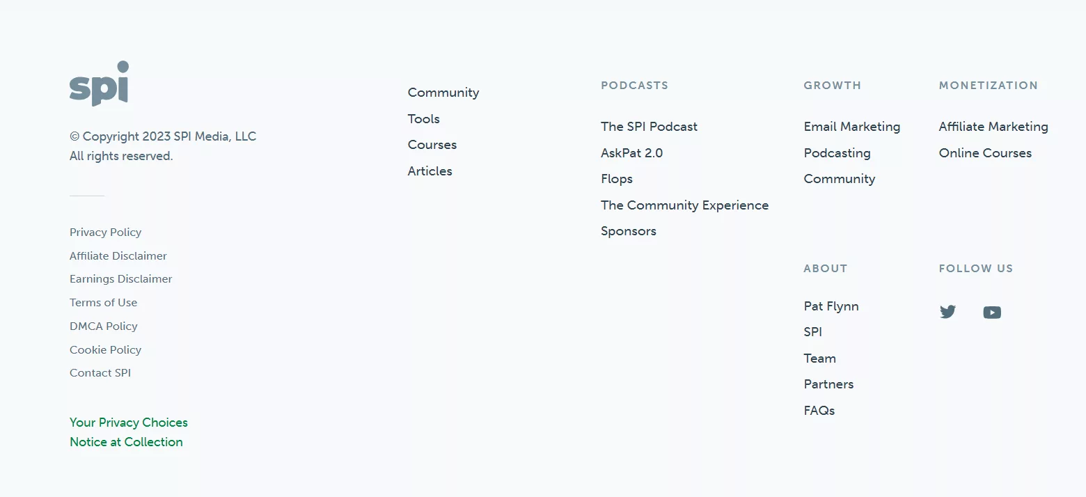 The left side of the footer is devoted to the 3 must-haves: Copyright, Privacy and Terms of Use