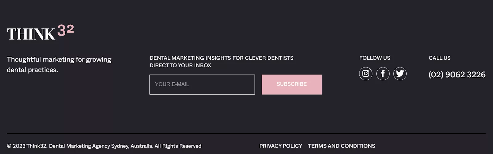 The footer prominently places the call to action in the middle, with a soft pink subscribe button adjacent to the email contact form.