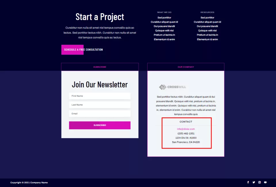 This divi footer fills the right side of the footer with contact information, including the email, phone number, and address.