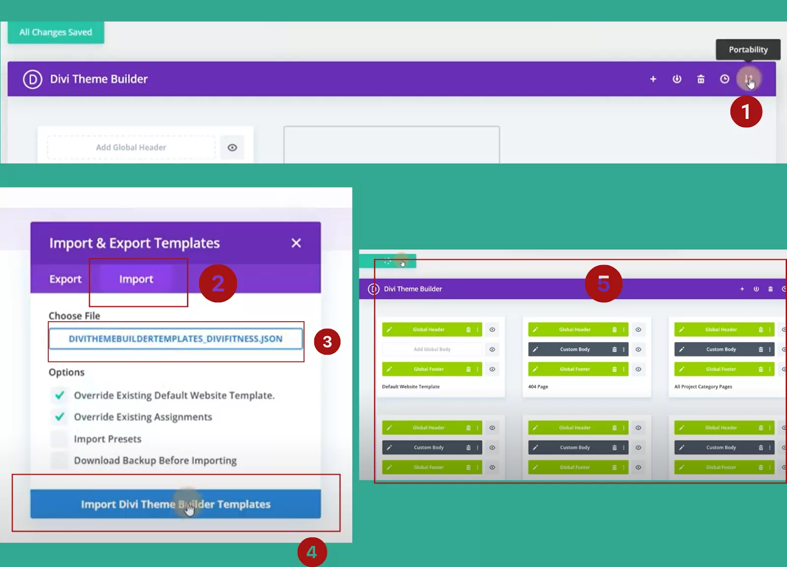 Ultimate Divi Modules UI Bundle’s Gym Template Integration Process from the Divi Theme Builder