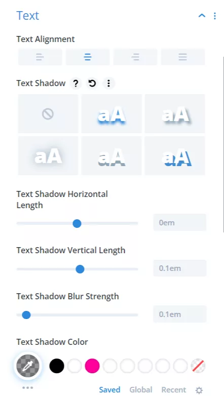 Navigating the Divi Slider Module’s text styling options including text alignment and text shadows