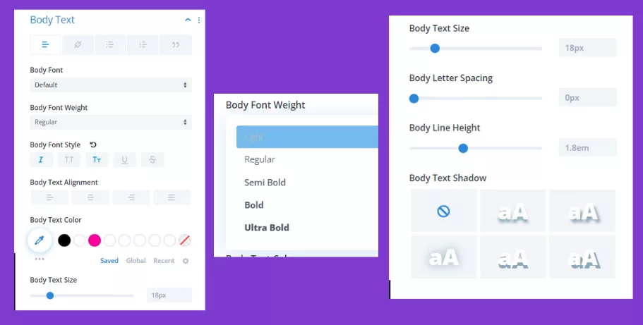 Slider module tools for body text enhancements in the design settings