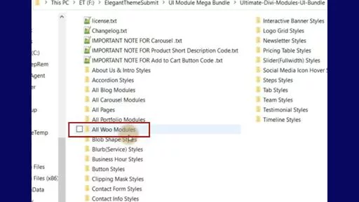 Exploring Divi UI Bundle’s Woo Modules Collection Zip Folder
