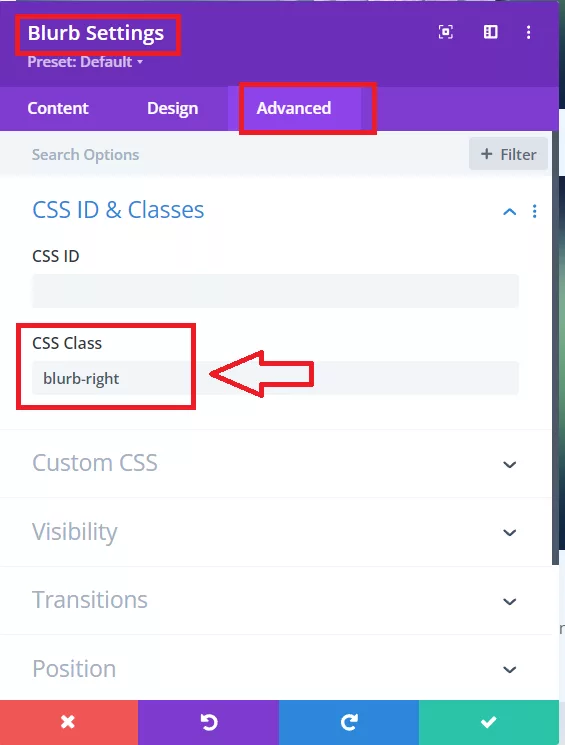 Assigning a custom CSS class to the Divi Blurb makes it sure that our code only changes one blurb module, not all of them on the site.