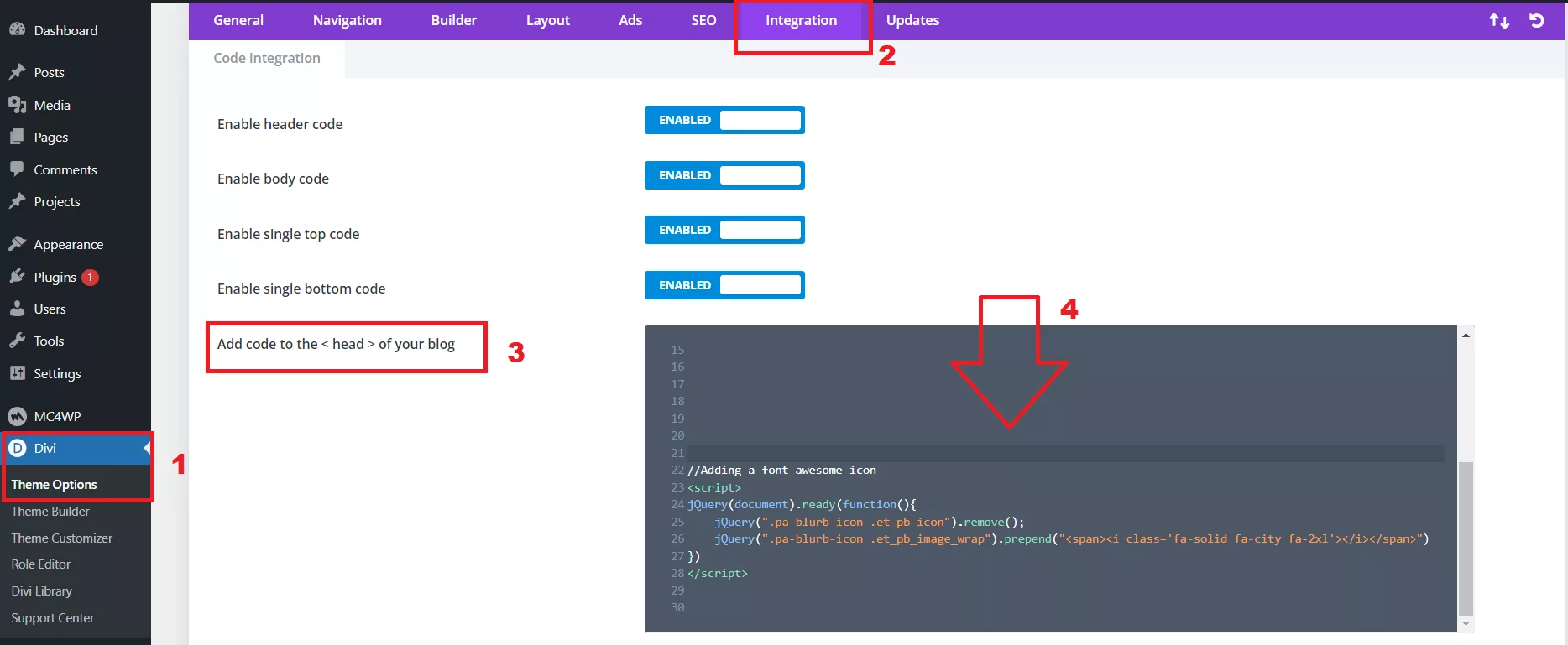 Replacing the current Divi Blurb module icon with the Font Awesome icon can be achieved by making the use of jQuery snippet.