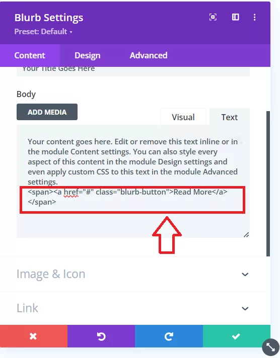 Inserting the span tag into the Blurb Body text area