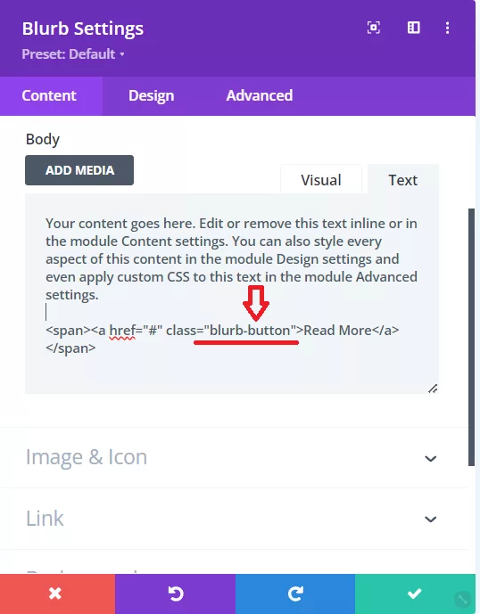 The custom CSS class to pinpoint the link and apply styling that transforms it into a button.