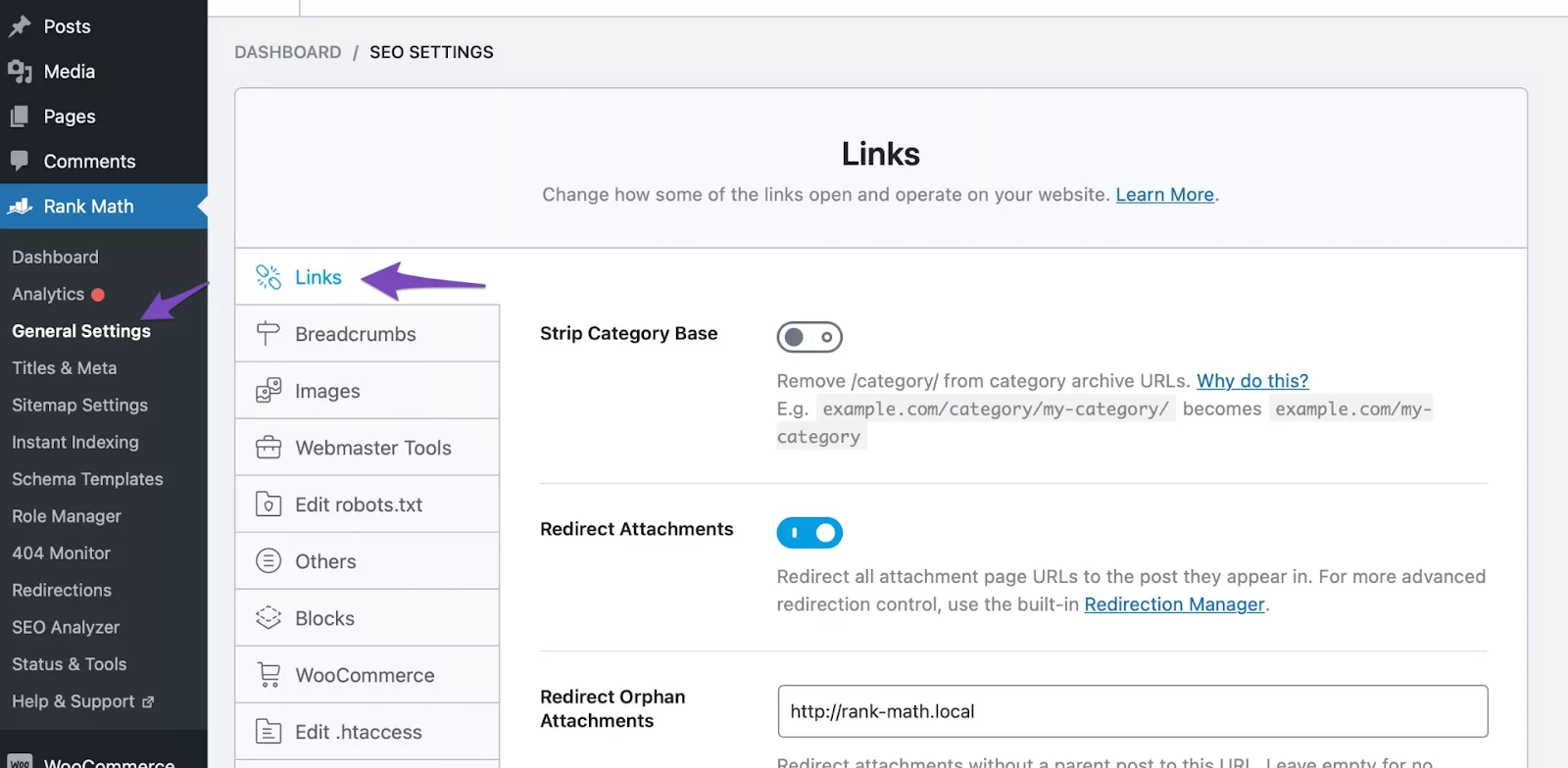 Create SEO-friendly navigation using Breadcrumbs and Links in Rank Math General Settings.
