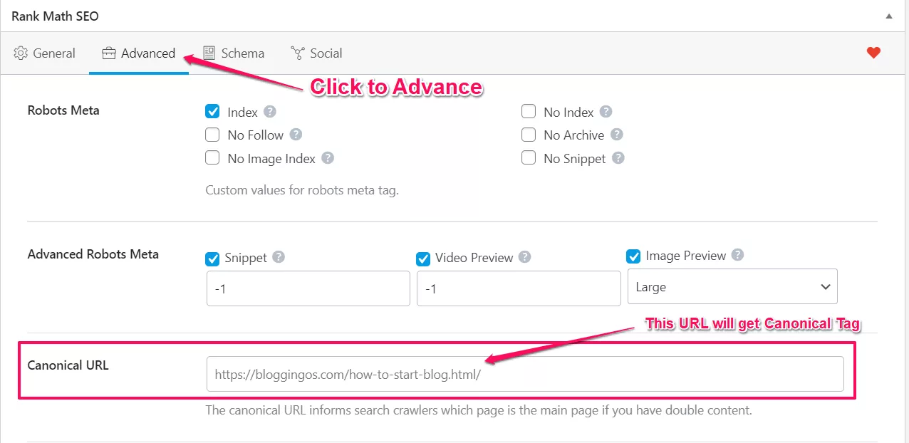 Rank Math’s canonical URL option which tells search engines which is the main page.