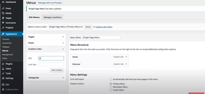 Creating custom anchor links for Divi’s one-page website homepage from the WordPress Dashboard