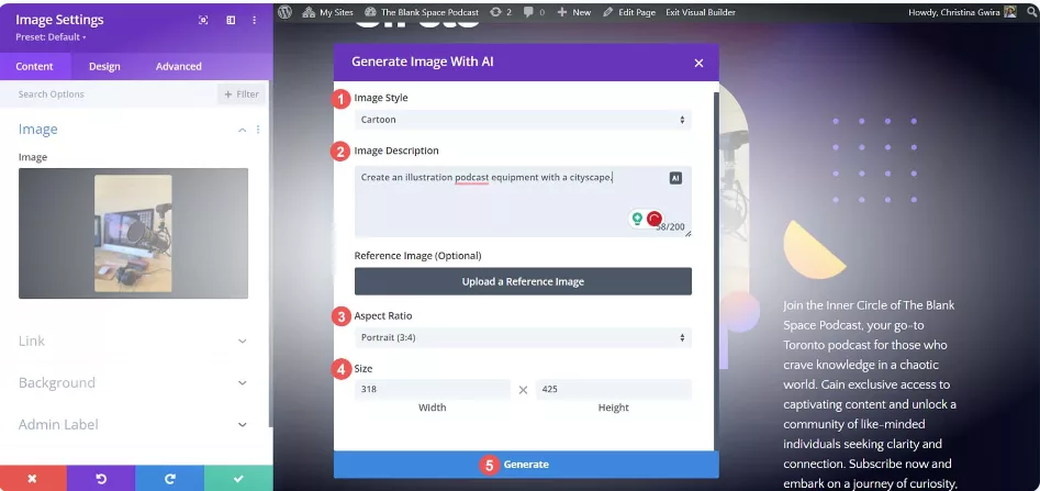 Use Divi AI Image Settings to input a series of choices ranging from style, description, ratio, and size