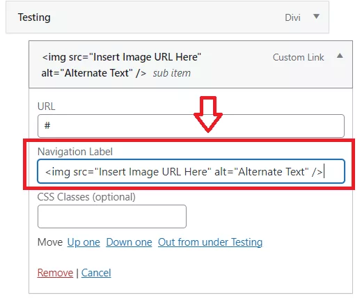 Adding an image to our custom link menu item using a simple HTML image code.