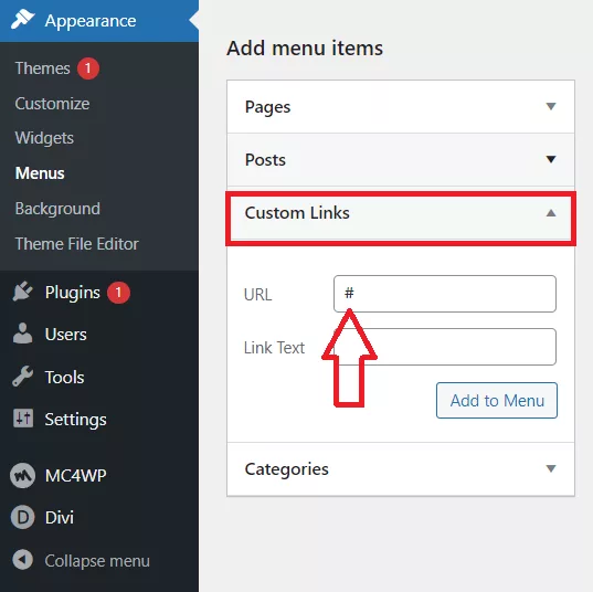 A quick trick to jazz up your menu! Put a hashtag # in the URL: box, and adding it to the menu.