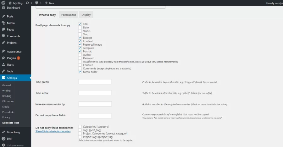 Configuring ‘What to copy’ in the Duplicate Post settings