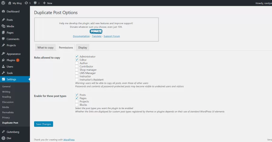 Configuring ‘Permissions’ in the Duplicate Post settings